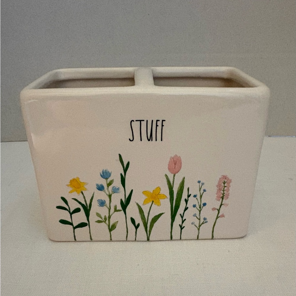 Rae Dunn Ceramic 'STUFF' Floral Toothbrush Holder - Cream